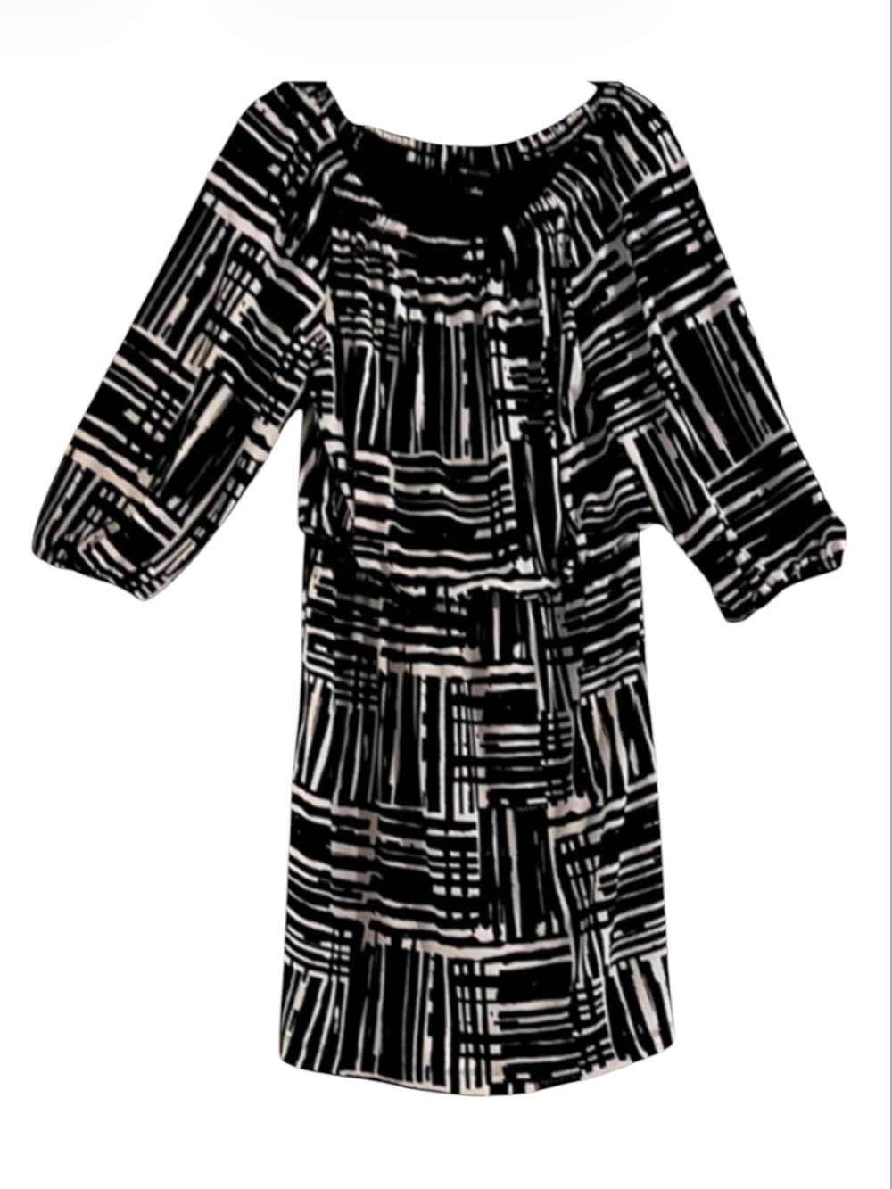 AB Studio Black White Geometric Blouson Dress L Minimalist Peasant 3/4 Sleeve